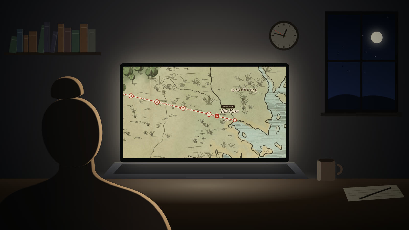A writer at her desk, past midnight, a map on her screen