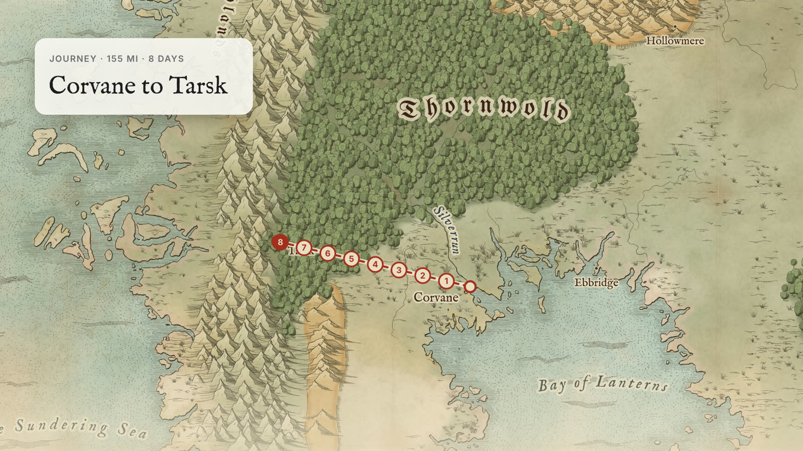 A journey between two towns marked in days