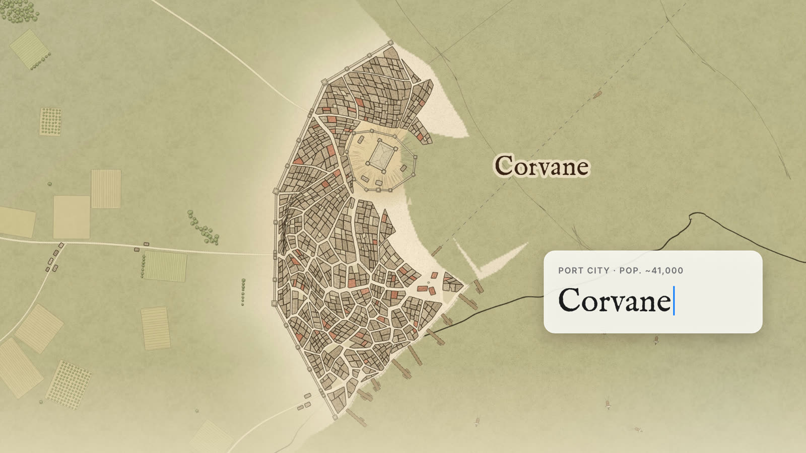A walled port town with its name being typed